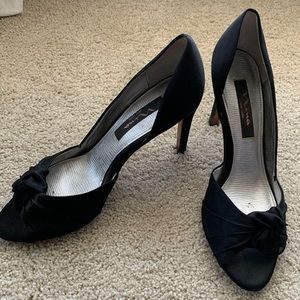 Nina Black Satin Peep Toe Heels